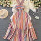 Dopamine wear rainbow stripes gradient halter neck long skirt V-neck waist A-line big swing dress R0377