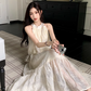 White lace off-shoulder beach maxi dress holiday suspender dress French retro dress R1697
