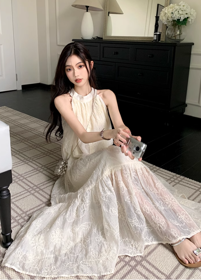 White lace off-shoulder beach maxi dress holiday suspender dress French retro dress R1697