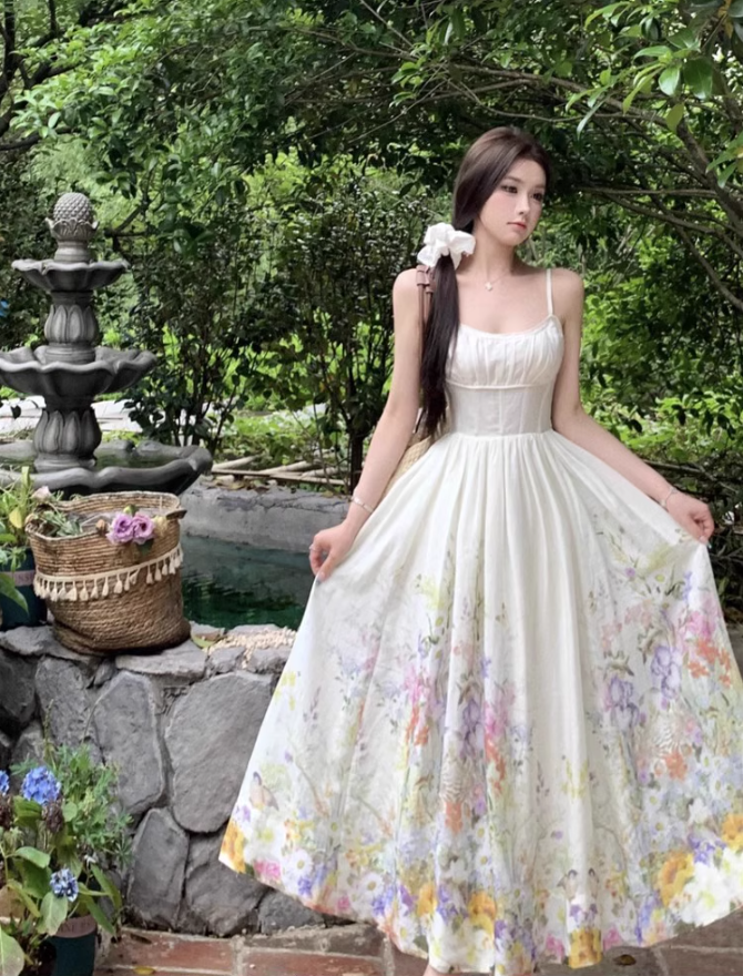 Platycodon temperament floral suspender skirt super beautiful waist dress R0701