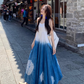 Fairy ruffle blue tie-dye color matching long skirt travel wear suspender dress R1712