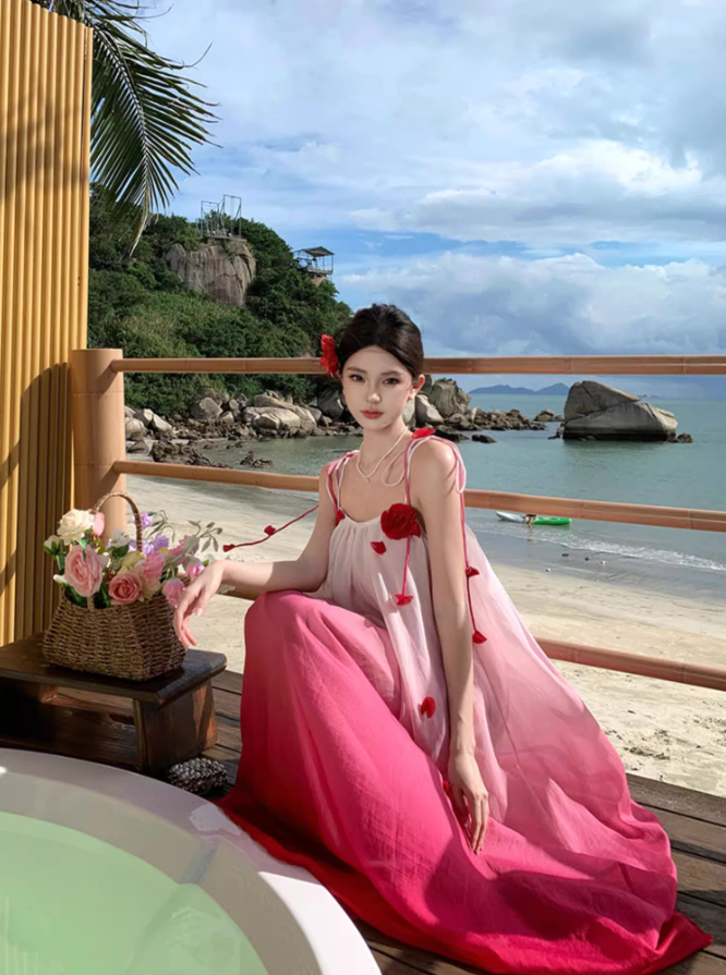 Gradient color loose suspender dress seaside holiday beach dress atmosphere long dress R1614