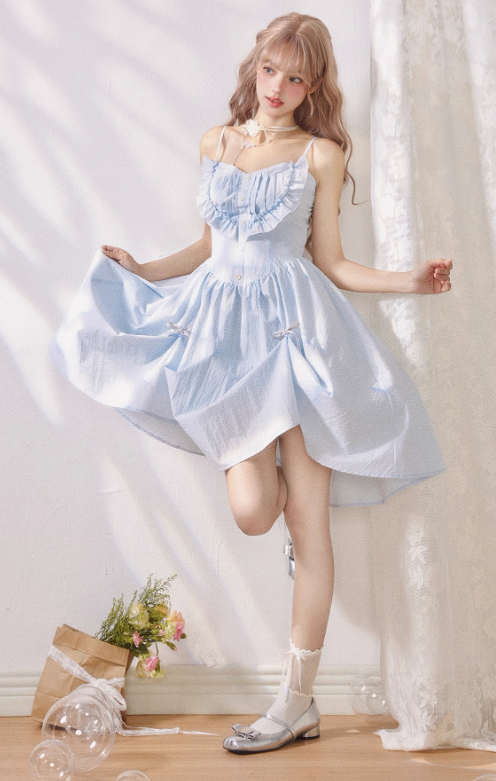 Fresh blue accordion pleated ruffled waisted suspender dress R5250