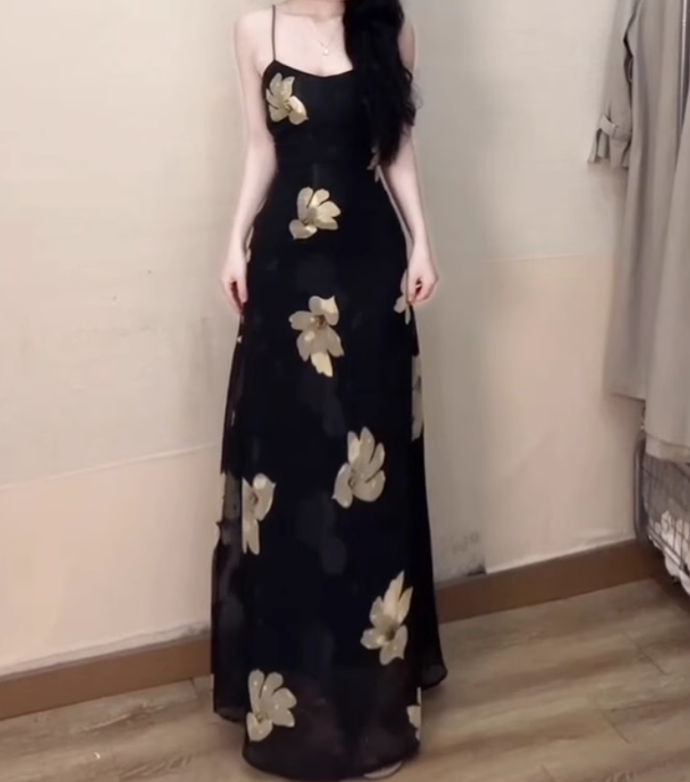 Large size French sexy printed suspender dress with waist and beautiful slim long skirt R1849