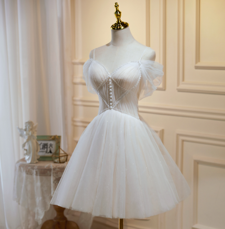 Gentle Ivory Homecoming Dress ,Tulle Beaded Corset Short Prom Dress RS1690