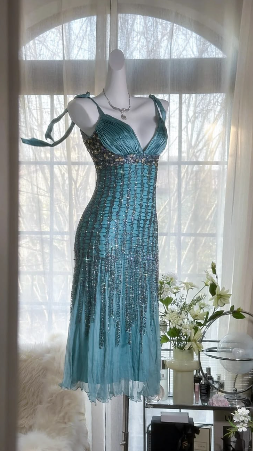 Sparkly Beaded Flowy Women's Homecoming Dress Blue Corset Short Prom Dress Party Dress RS2447
