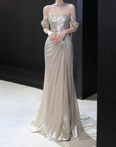 Slim Mermaid Silky Prom Gown , Sliver Women's Maxi Evening Dress Ball Gown RS2721