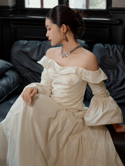 French Chic Ivory Bateau A-Line Satin Silky Corset Maxi Wedding Dress RS2512