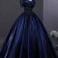 Elegant Navy A-Line Portrait Maxi Prom Dress Evening Dress RS457