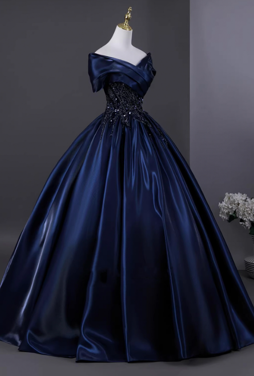 Elegant Navy A-Line Portrait Maxi Prom Dress Evening Dress RS457