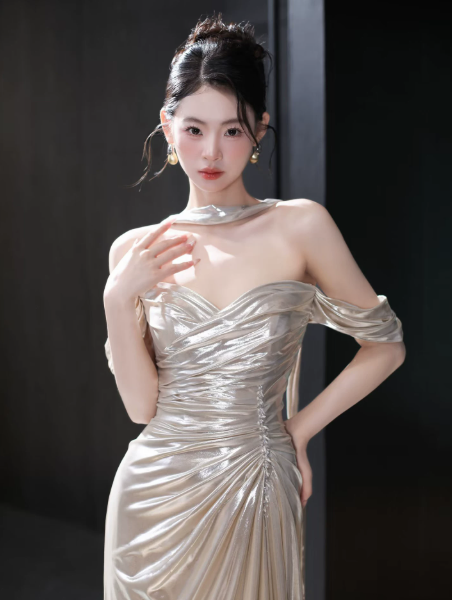 Slim Mermaid Silky Prom Gown , Sliver Women's Maxi Evening Dress Ball Gown RS2721