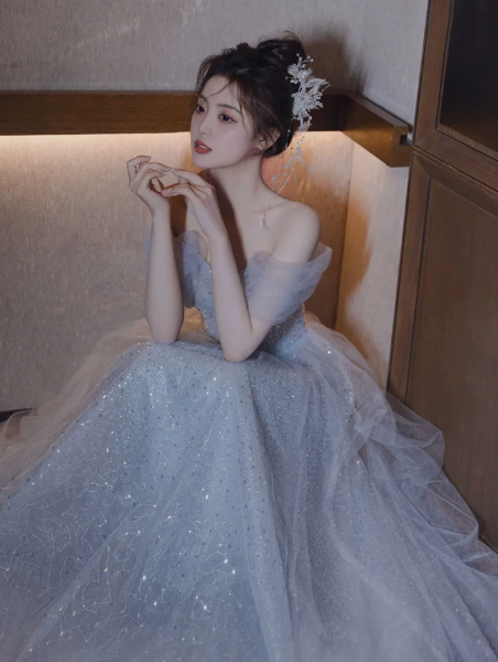 Glitter Tulle Hazy Prom Gown Blue Women's Maxi Evening Dress Birthday Dress RS2787