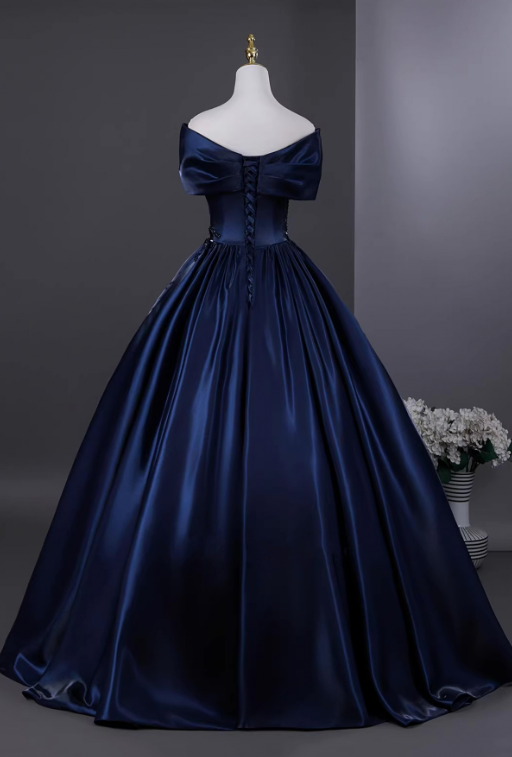 Elegant Navy A-Line Portrait Maxi Prom Dress Evening Dress RS457
