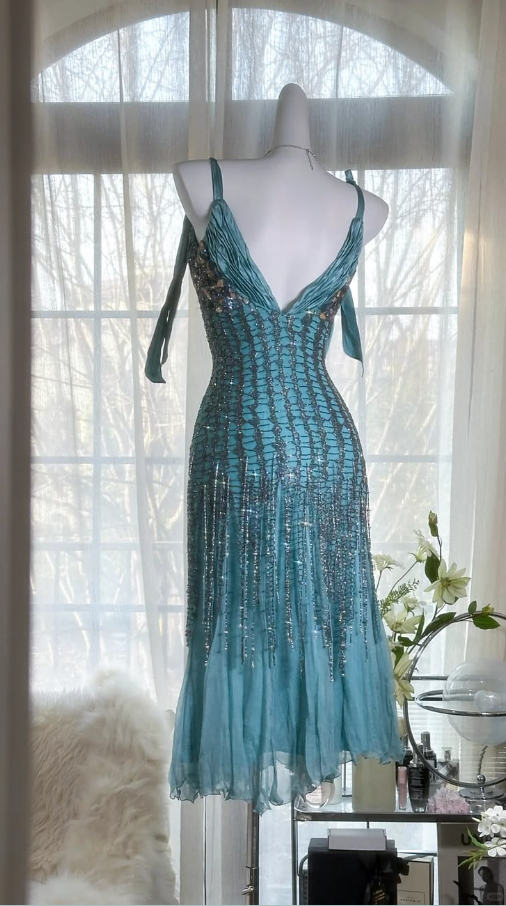Sparkly Beaded Flowy Women's Homecoming Dress Blue Corset Short Prom Dress Party Dress RS2447