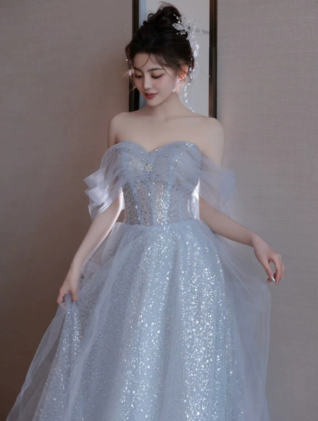 Glitter Tulle Hazy Prom Gown Blue Women's Maxi Evening Dress Birthday Dress RS2787