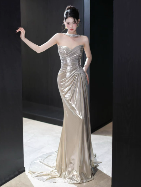 Slim Mermaid Silky Prom Gown , Sliver Women's Maxi Evening Dress Ball Gown RS2721