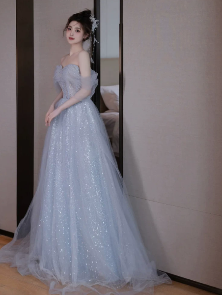Glitter Tulle Hazy Prom Gown Blue Women's Maxi Evening Dress Birthday Dress RS2787