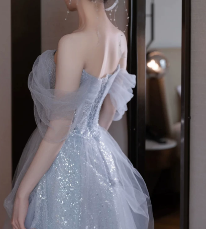 Glitter Tulle Hazy Prom Gown Blue Women's Maxi Evening Dress Birthday Dress RS2787