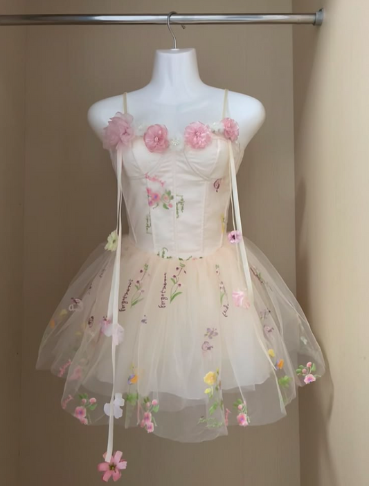 Cute Ivory A-Line Spaghetti Straps Applique Corset Mini Birthday Dress Homecoming Dress RS618