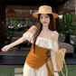 Beautiful summer suit, one-shoulder ruffled ice silk knitted top, wide-leg pants, two-piece suit R1739