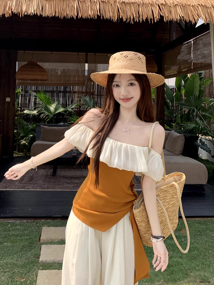 Beautiful summer suit, one-shoulder ruffled ice silk knitted top, wide-leg pants, two-piece suit R1739