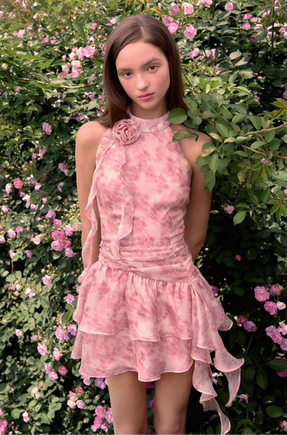 Halter Neck Printed Ribbon Dress Summer New Sleeveless Off Shoulder Vest Dress R3338