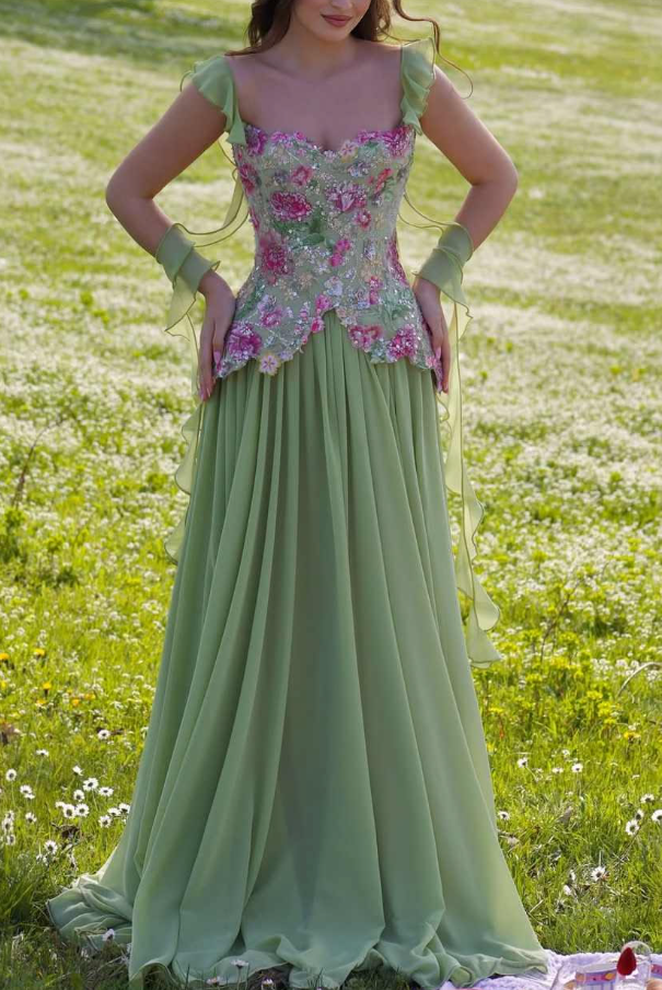 French Retro Green Floral A-Line Spaghetti Straps Corset Maxi Prom Dress RS621