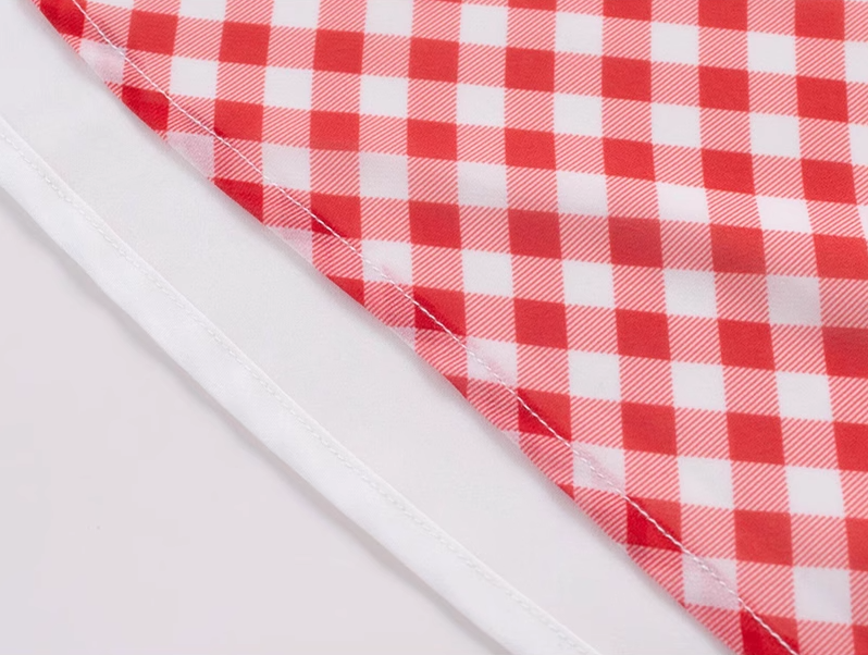 2025 Summer New Red Plaid Square Neck French Short Sleeve High Waist Long Dress R0943