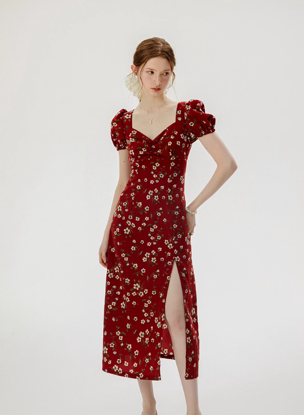 French floral red dress 2025 high-end wear R2703