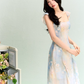 Chiffon smudged kelp-edge printed suspender dress for women summer waist-length dress R3327