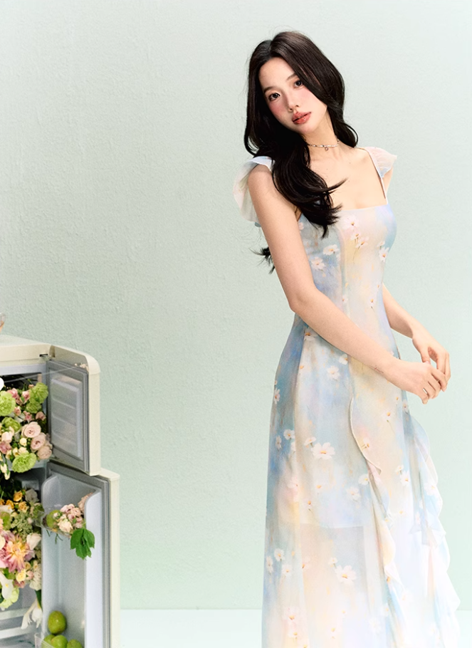 Chiffon smudged kelp-edge printed suspender dress for women summer waist-length dress R3327