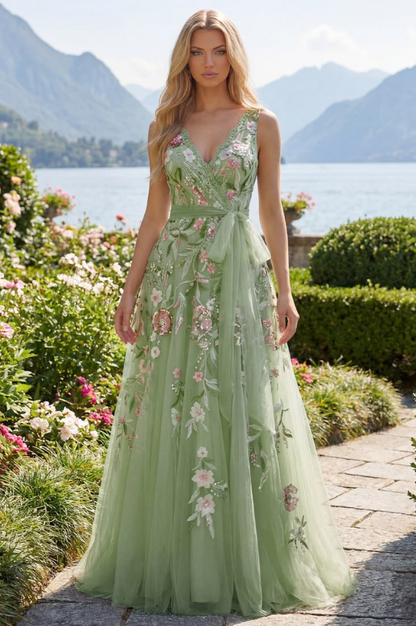 French Chic Green A-Line V-neck Applique Corset Maxi Prom Dress Evening Dress RS623