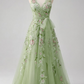 French Chic Green A-Line V-neck Applique Corset Maxi Prom Dress Evening Dress RS623
