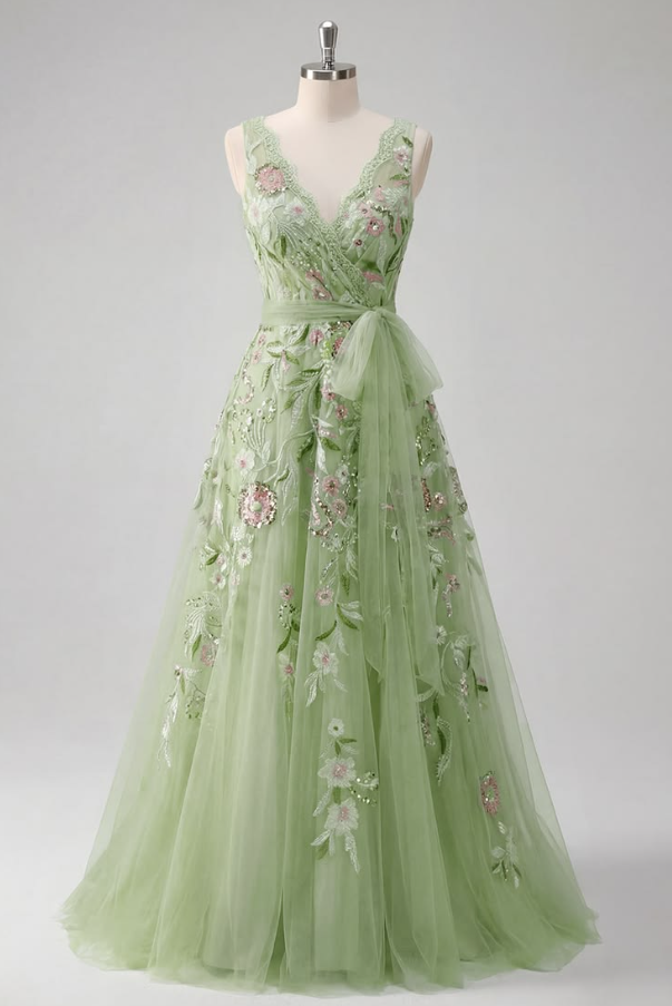 French Chic Green A-Line V-neck Applique Corset Maxi Prom Dress Evening Dress RS623