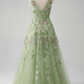 French Chic Green A-Line V-neck Applique Corset Maxi Prom Dress Evening Dress RS623