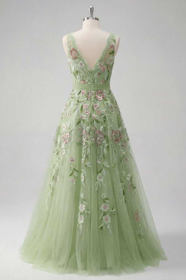 French Chic Green A-Line V-neck Applique Corset Maxi Prom Dress Evening Dress RS623