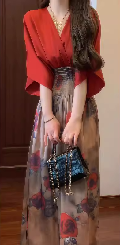 Retro red v-neck dress gentle temperament waist a-line long skirt R0744