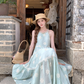 Green long sleeveless suspender dress women's summer French temperament A-line skirt R4865