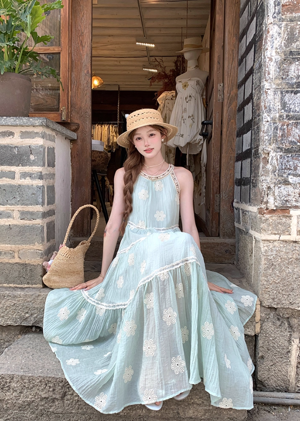 Green long sleeveless suspender dress women's summer French temperament A-line skirt R4865