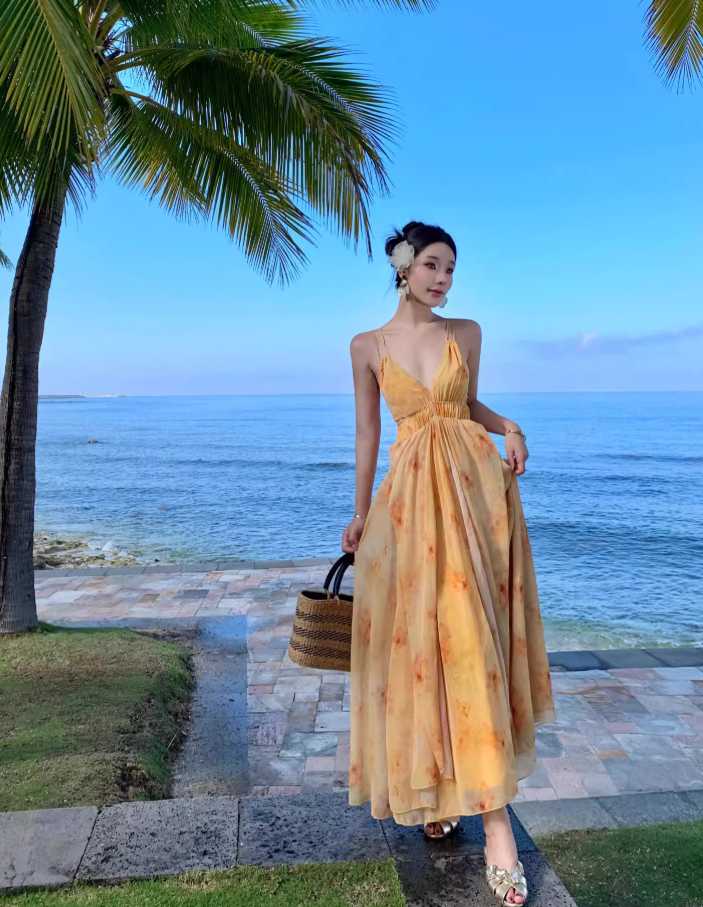 Vacation wear backless long dress beach dress island style suspender dress beach dress R1604