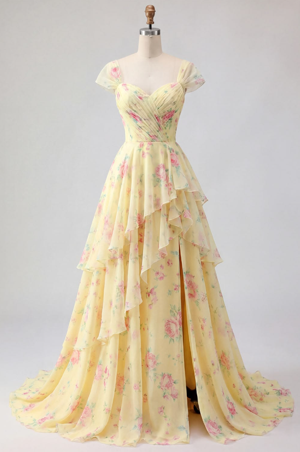 French Retro Pastel Yellow Floral A-Line Off-the-shoulder Corset Maxi Prom Dress Evening Dress RS624
