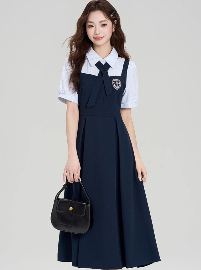 College style outfit waist temperament commuting fake two-piece dress R2393