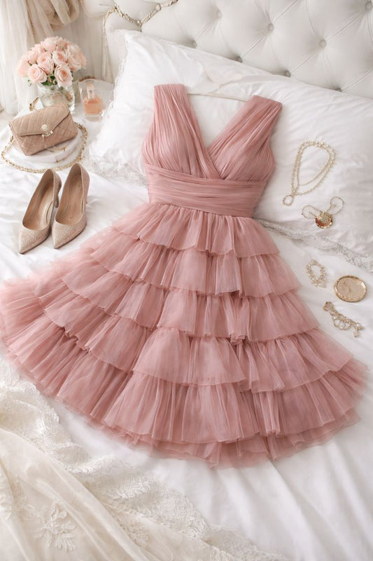 Sweet Blush Pink A-Line V-neck Ruffled Mini Summer Dress Homecoming Dress RS220