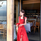 Red holiday floral dress for women petite summer long skirt with small flying sleeves R3866