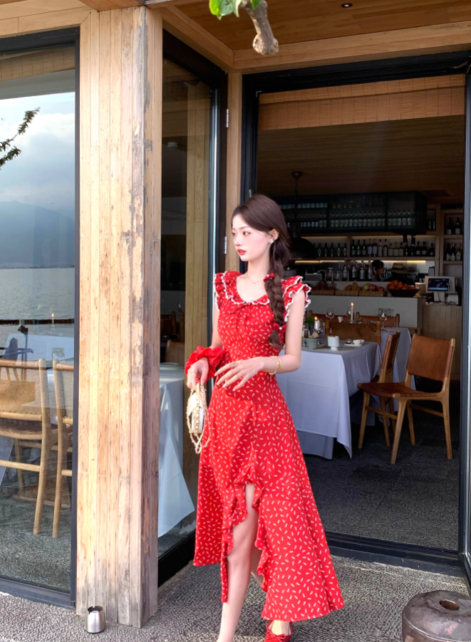 Red holiday floral dress for women petite summer long skirt with small flying sleeves R3866