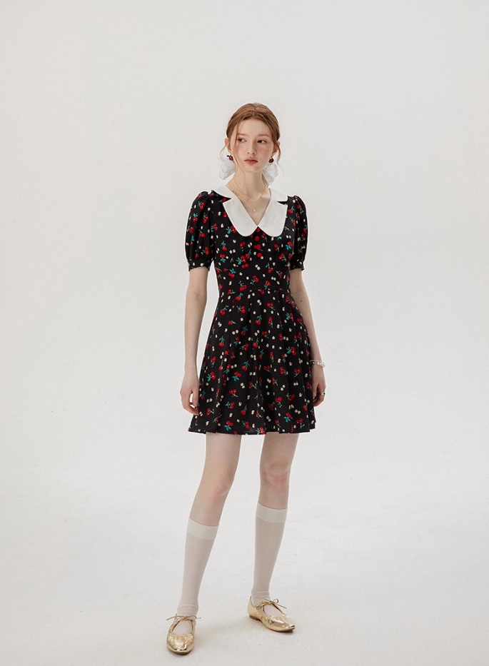 Baby collar floral dress French style black dress petite short dress female summer new style R3561