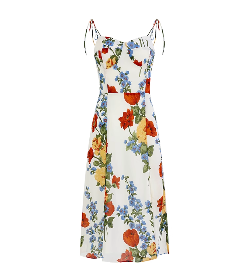 French holiday style long white 2025 new sling print slim dress R2648