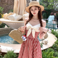 Long red plaid v-neck suspender dress for women summer French temperament skirt R4829