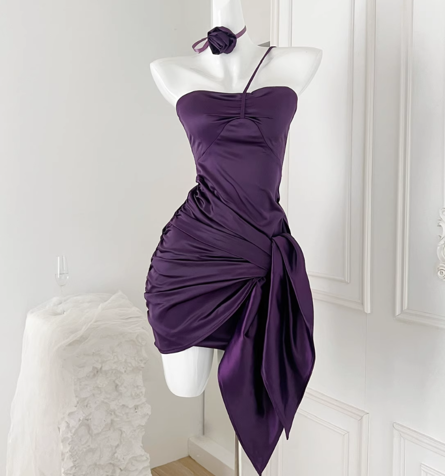 Flower halter neck satin sexy dress women's short temperament tube top dress R2076