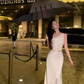 French style swing collar off-shoulder dress 2025 temperament satin fishtail high-end skirt R1479